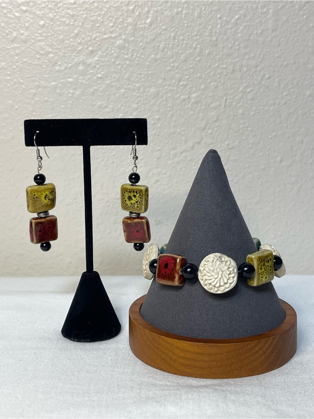 Handmade Red and Olive Ceramic Tile Dangle Earrings and Bracelet Set
